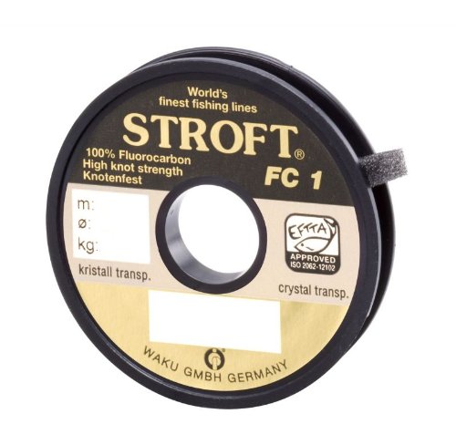 WAKU Schnur STROFT FC1 Fluorocarbon 50m, 0,400mm Durchmesser mit 11,7kg Tragkraft für Angler, Ansicht einer Spule mit transparentem Design.