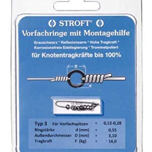 Verpackung von WAKU Stroft Vorfachringen Typ 5 mit Montagehilfe, Tragkraft 100 kg, geeignet für Vorfachspitzen von 0,20 mm bis 0,45 mm, mit technischem Hinweis zur Montagehilfe.
