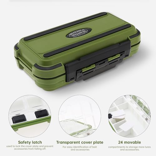Wasserdichte Angelausrüstungsbox in Olivgrün mit transparenter Abdeckung, 24 verstellbare Fächer, sicherer Verschluss und praktisches Design für Angler.