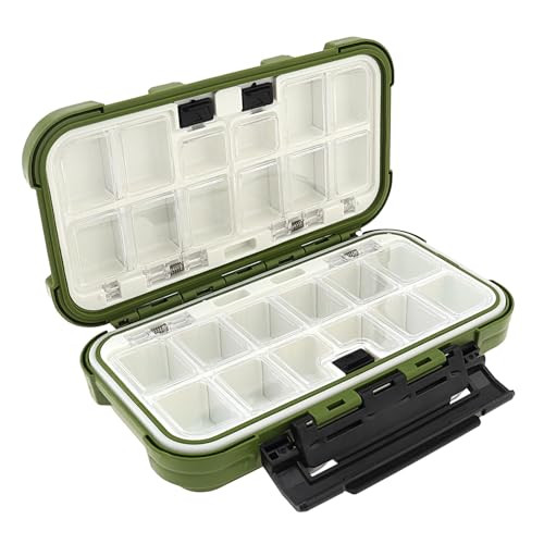 Wasserdichte Angelausrüstungsbox in olivgrün mit transparentem Deckel und 24 Fächern zur Aufbewahrung von Angelzubehör und Ködern.