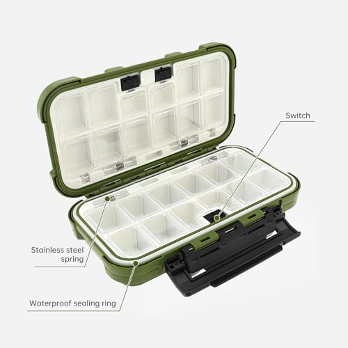 Wasserdichte Angelausrüstungsbox mit 24 Fächern in grün für die sichere Aufbewahrung von Angelzubehör