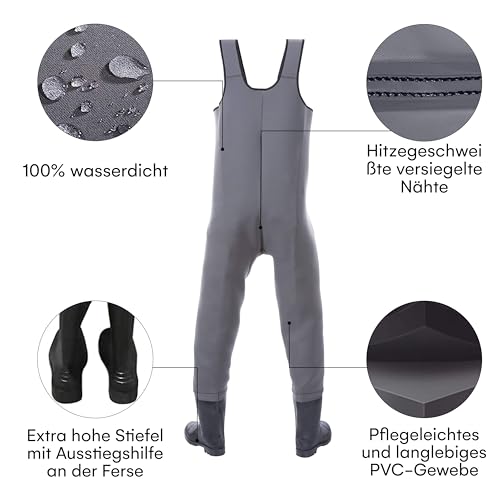 Wasserdichte und atmungsaktive Neopren Wathose in Dunkelgrau mit Gummistiefel für Herren, ideal für Angeln und Wassereinsätze.