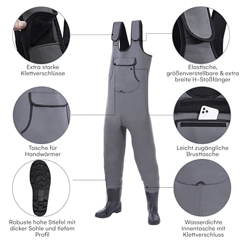Wasserdichte, atmungsaktive Neopren Wathose mit Gummi Stiefeln für Herren, ideal für Angler und Outdoor-Aktivitäten in nassen Umgebungen.