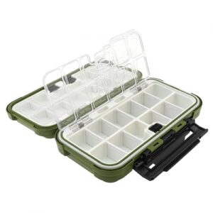Wasserdichte Angelausrüstungsbox mit 24 Fächern in olivgrün, ideal für die Organisation von Angelzubehör und Outdoor-Ausrüstung.