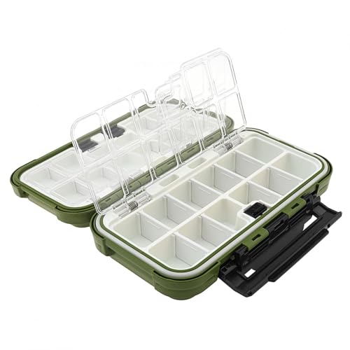 Wasserdichte Angelausrüstungsbox mit 24 Fächern in olivgrün, ideal für die Organisation von Angelzubehör und Outdoor-Ausrüstung.