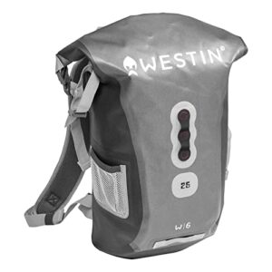 Westin W6 Roll-Top Backpack 25L in Grau und Schwarz - funktionaler Angelrucksack für Spinnangler mit wasserdichter Beschichtung und gepolsterten Schultergurten.