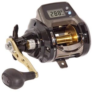 Moderne Angelrolle WFT New Line Counter 865 LH mit elektronischem Schnurzählwerk und ergonomischem Griff, geeignet für Süß- und Salzwasser, auf einem weißen Hintergrund.