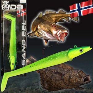 Wild Devil Baits Sand EEL Sandaal Meeres Shad Gummifisch in leuchtendem Grün mit glitzernden Punkten auf schwarzem Hintergrund, ideal zum Angeln auf Butts, Dorschen und Köhlern.