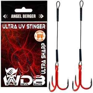 Wild Devil Baits Ultra UV Stinger Angstdrilling Assithook in UV Orange, 7cm, ideal für Raubfischangler zur Verbesserung der Fangquote.