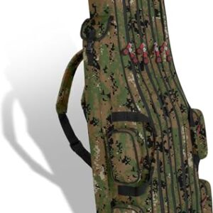 XXL Angelrutentasche im Digital Woodland Design mit Platz für 8 Ruten in 4 Fächern, ideal für Angler. Maße: 1,60 m.
