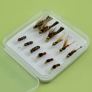 YAZHIDA Fly Trout Kit in geöffneter Kunststoffbox mit Anordnung von handgebundenen Nymphen für das Fliegenfischen auf Forellen in verschiedenen Farben.
