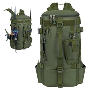 Yunlaishaocer Angelrucksack in olivgrün mit Rutenhalter und mehreren Taschen für Angler und Outdoor-Enthusiasten, aus wasserdichtem Oxford-Stoff, ideal für Camping und Radfahren.