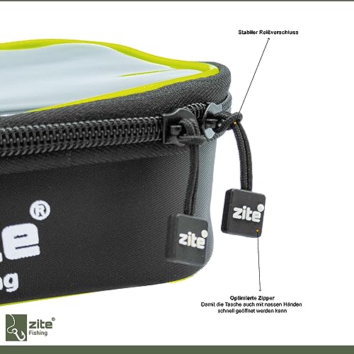 Wasserdichte Angeltasche für Raubfischangeln mit stabilem Reißverschluss in Schwarz mit leuchtend gelben Akzenten, optimal für die Aufbewahrung von Kunstködern und Angelausrüstung.