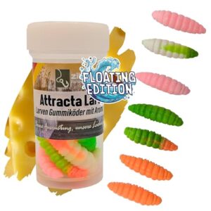 Verpackung der Zite Fishing Attracta Larv Floating Gummiköder für Forellenangeln mit aromatisierten Käse- und Knoblaucharomen in verschiedenen Farben