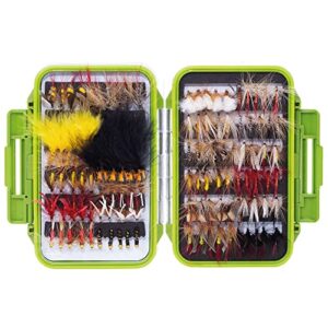 Das Zite Fishing Fliegen-Set zeigt eine wasserdichte Box mit einer Auswahl von 120 Kunstködern für das Fliegenfischen auf Forellen und Saiblinge, ideal für Angler jeden Niveaus.