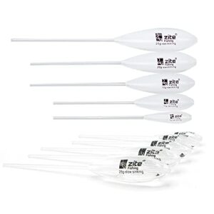 Zite Fishing Sbirolino Set mit 10 Stück Angelposen in den Gewichten 5g bis 25g, geeignet für Forellenangeln mit unterschiedlichen Schwimmeigenschaften.