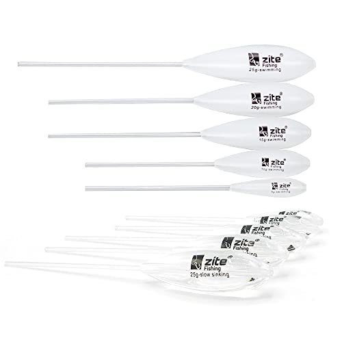 Zite Fishing Sbirolino Set mit 10 Stück Angelposen in den Gewichten 5g bis 25g, geeignet für Forellenangeln mit unterschiedlichen Schwimmeigenschaften.
