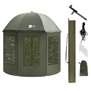 Zite Fishing Schirmzelt geschlossen mit Schirmstütze und Fenstern in olivgrün für Karpfenangeln im Freien.