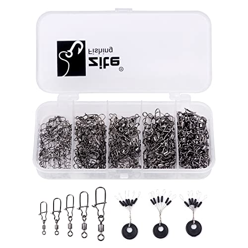 Zite Fishing Sicherheits-Wirbel-Set mit 150 hochwertigen Karabinern in einer praktischen Box für Angler, inklusive 24 Schnur-Stopper Gummi-Perlen.