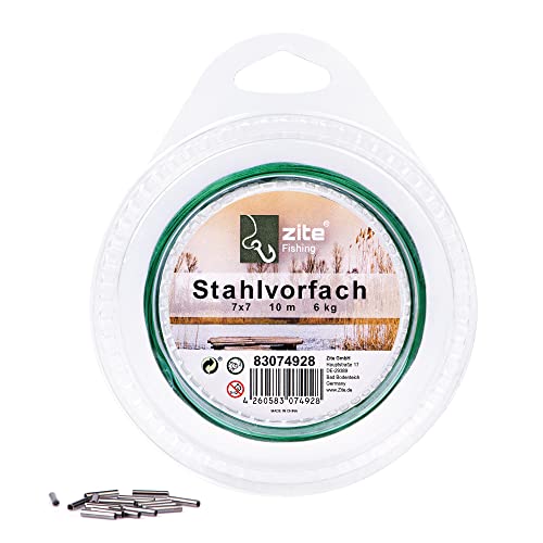 Transparente Verpackung eines hochwertigen Stahlvorfachs aus 7x7 Edelstahl für Raubfischangler, inklusive 10m Vorfachmaterial und Klemmhülsen, ideal zum Selberbauen von individuellen Vorfächern.