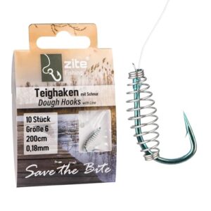 Zite Fishing Teighaken Set für Forellenangeln in Größe 6-10 mit monofiler Vorfachschnur 200 cm, innovativer Teigspirale und 10 Stück fertigen Haken in ansprechender Verpackung.