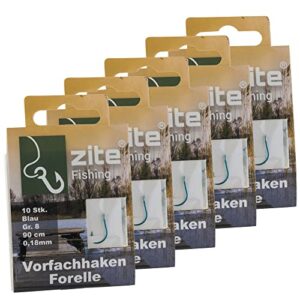 Set von 50 gebundenen Vorfach-Haken in Größe 8 für das Forellenangeln, inklusive Vorfachschnur, in blau und grün verpackt, auf neutralem Hintergrund.