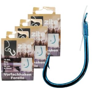 Verpackung von Zite Fishing Vorfach-Haken für das Forellenangeln in blau mit 10 Stück angelbereiten Haken der Größen 6, 8 und 10, 90 cm Länge aus Fluorocarbon.