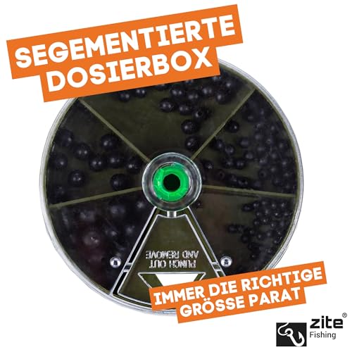 Zite Fishing Gummiperlen Sortiment mit 100 Stopper-Perlen in Schwarz, ideal für Forellenangeln und Feederangeln, in praktischer Spender-Box.