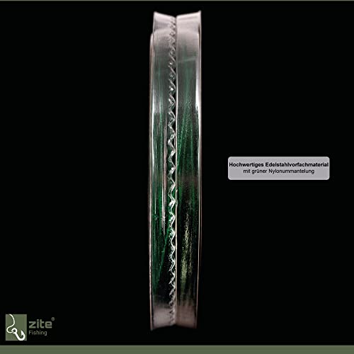 Hochwertiges 7x7 Edelstahl Stahlvorfach für Raubfischangeln, 10 Meter auf einer Spule mit grüner Nylonummantelung, ausgestattet mit 20 Klemmhülsen.