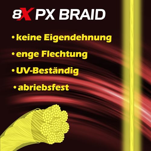 Paradox Fishing 8X PX geflochtene Angelschnur 500m 0,16mm mit hoher Tragkraft für erfolgreiches Spinnfischen auf Zander. Hervorragende Abriebfestigkeit und Sichtbarkeit.