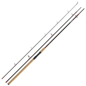 Daiwa Tornado Z 1003MH Angelrute, 3-teilig, 3.00m, 10-55g, in schwarz mit roten und grauen Akzenten, ergonomischer Griff aus hellem Holz.