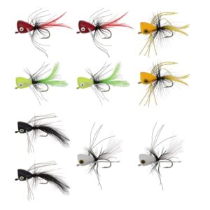 10 Stück Popper zum Fliegenfischen in verschiedenen Farben (Rot, Gelb, Grün, Schwarz) für Barsch und Forelle, angeordnet in drei Reihen auf einem weißen Hintergrund.