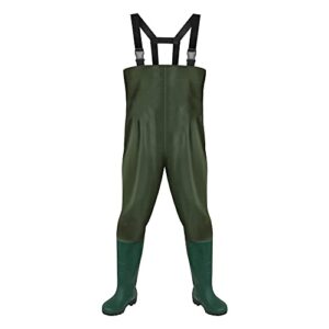 Wasserdichte Wathose für Herren und Damen in Olivgrün, gefertigt aus wasserdichtem 70D Nylon und PVC mit verstellbaren Trägern und rutschfesten Gummistiefeln, ideal für Angeln und Outdoor-Aktivitäten.