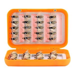 Fliegenfischen Fliegen Set mit 40 lebensechten Goldkopfnymphen in einer offenen Aufbewahrungsbox, ideal zum Angeln von Forellen.