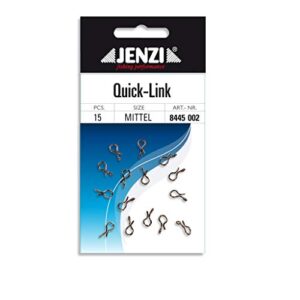 Verpackung des JENZI Quick Link Fliegenverbinders in mittel, enthält 15 Stück, geeignet für Angler, stabil und langlebig.