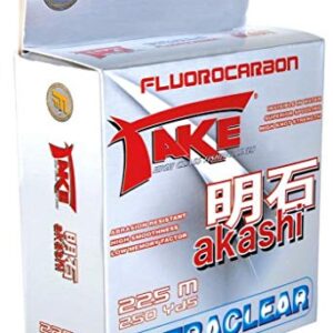 Verpackung der Lineaeffe Take Akashi Fluorocarbon Angelschnur, 225m, 0,25mm, 10kg, ultraclear, mit auffälligem Design in Rot, Weiß und Blau.