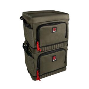 Sonik Storz Eva Tabletop 600 Bivvytisch - stabiler und praktischer Tisch für Angler im Freien, in olivgrüner Farbe, mit Aufbewahrungstaschen und strapazierfähigem Material.