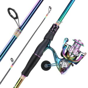 Bunte Angelrute und Angelrolle für Süßwasser- und Salzwasserangeln, ideal für leidenschaftliche Angler.