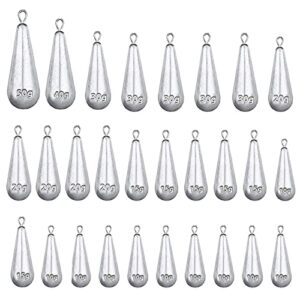 28 Stück Tropfenform Angelgewichte Set in verschiedenen Gewichtsklassen von 10g bis 50g, ideal für verschiedene Angeltechniken und Gewässerbedingungen.