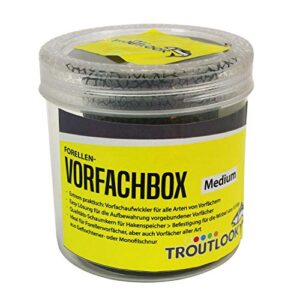 Troutlook Forellen-Vorfachbox Medium mit transparentem Deckel und sortierten Vorfächern für Angler, ideal zur Organisation von Angelausrüstung.