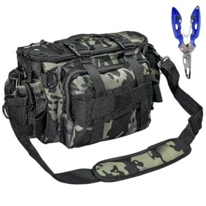 Wasserdichte Karpfentasche für Angler mit verstellbarem Schultergurt, praktische Fächer und robustem camouflierte Design für optimale Tragbarkeit.