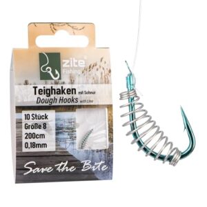 Zite Fishing Teighaken Gr. 6-10 für Forellenangeln mit monofiler Vorfachschnur 200cm - 10 Stück angelbare Teighaken in blauer Verpackung.