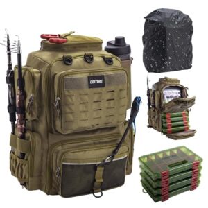 Angelrucksack mit 4 Köderboxen, 45-Liter Fassungsvermögen, Wasserabweisendes Material und verstellbares Hauptfach für Outdoor-Aktivitäten wie Angeln, Radfahren und Wandern.