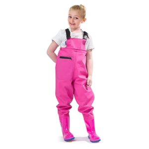 VicBre Kinderwathose für Jungen und Mädchen, Reißverschlusstasche, Verstellbare Träger, Rückenschnalle Design, Wasserdichte Regenhose mit Stiefeln, Wathose für Jugendliche, Rosa