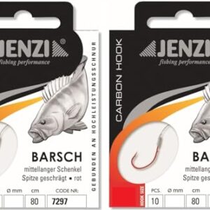 2 Packungen gebundene Barsch-Haken von Jenzi, 20 Stück an Mono Schnur 80cm, Hakengröße 4,6,8 & 10, ideal für das Angeln auf diverse Fischarten