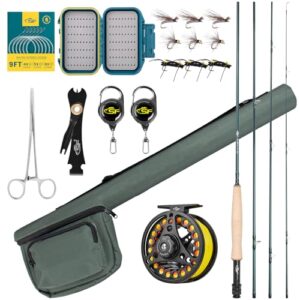 SF Angelruten-Kombi-Starter-Set, 4-teilig, 5 W, 2,7 m, Smaragdgrün, 24T Kohlefaser, Forellenfliegenrute mit Rolle, Rutenetui, Fliegenbox mit Fliegen, konisches Vorfach, Knotenbindungswerkzeug