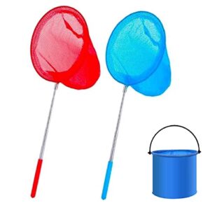 2 Stück Teleskop-Schmetterlingsnetze für Kinder, Fischernetz, Teichnetz, ausziehbar+1 Stück Faltbares Eimer, Fangen von Insekten, kleinen Fischen, Outdoor, Strand, Garten Aktivitäten