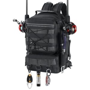 MoKo Angeln Rucksack Sling Bag mit Rod & Gear Holder, Nylon wasserdicht Fishing Tackle Storage Bag für Camping, Wandern, Jagen, Männer Vater, Schwarz
