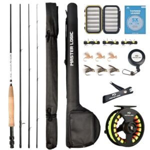 Master Logic Kombi Starter Set zum Fliegenfischen mit Leichter Fliegenbox und Angelfliegen, Spule aus Druckguss-Aluminium, Tragetasche und Zubehör, komplettes Starterpaket für Fliegenfischer und Anfänger