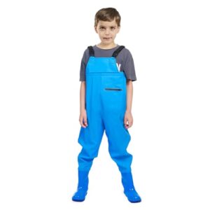 VicBre Regenhose für Kinder, wasserdicht und winddicht, elastische Taille, verstellbarer Gurt mit Rückenschnalle, verdickte Sohlen für Stiefel, Blau, Größe 28